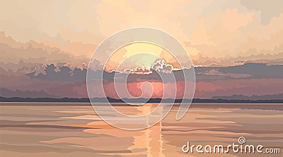 Landscape of sunset over the river in gentle pastel colors Vector Illustration