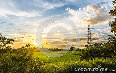 Landscape sunset on rice field with high voltage pole in middlefield and beautiful blue sky and clouds Stock Photo