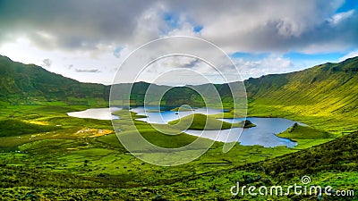 Landscape sunset view to Caldeirao crater, Corvo island, Azores, Portugal Stock Photo