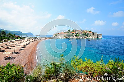 Landscape with Sveti Stefan island in Montenegro Stock Photo