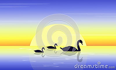 Landscape of swan on lake at sunset Vector Illustration