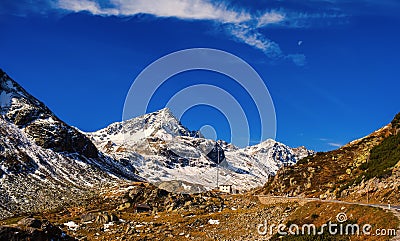 Landscape of the Swiss Alps and forest of national parc in Switzerland. Alps of Switzerland on autumn. Fluela pass road. . Swiss c Stock Photo