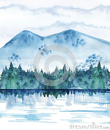 Landscape template. Mountains, fir wood, lake and sky. Hand drawn watercolor illustration Cartoon Illustration