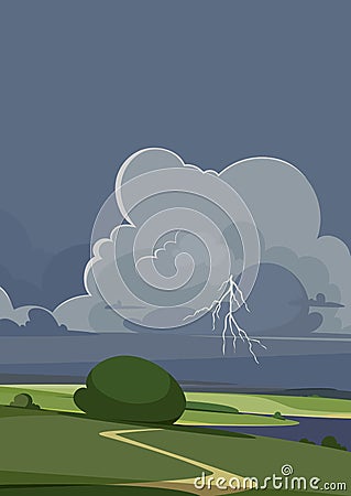 Landscape with thunderstorm. Vector Illustration