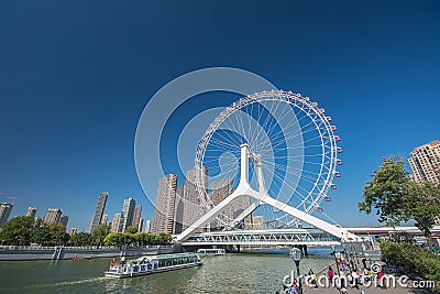 Landscape of Tianjin ferris wheel,Tianjin eye with people. Editorial Stock Photo