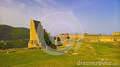 Landscape to ruined Kanine Castle and Shushica mountain, Vlore, Albania Stock Photo