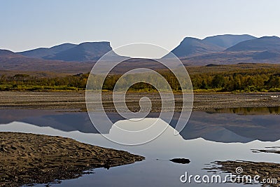 Landscape with Tornetrask lake and u-shaped valley Lapporten, No Stock Photo