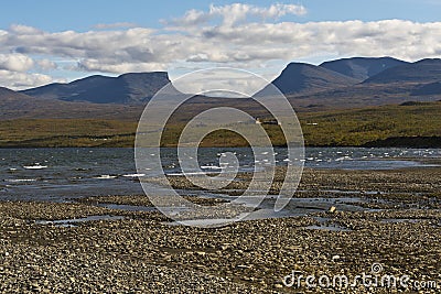 Landscape with TornetrÃ¤sk lake and u-shaped valley Lapporten, N Stock Photo