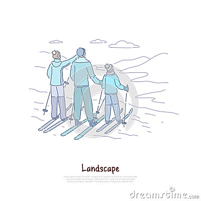Landscape tourism, parents with child skiing together, people in warm clothes, family vacation, ski resort banner Vector Illustration