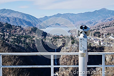 Landscape with Tourist Telescope Over Viewing Lake ChÅ«zenji Japan Stock Photo