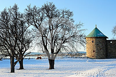 Landscape with the tower of Oslo Fortress Stock Photo