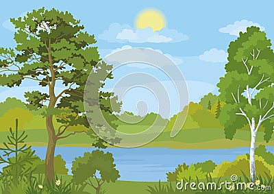 Landscape with Trees, Lake and Sun Vector Illustration