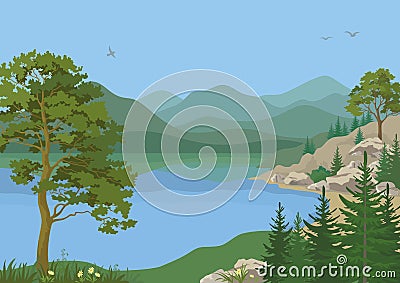 Landscape with Trees and Mountain Lake Vector Illustration