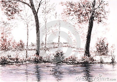 Landscape with trees over water surface Stock Photo