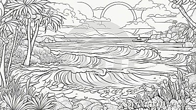 landscape with trees and water black and white, coloring book page seascape Stock Photo