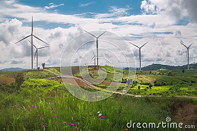 Landscape turbine on mountain and bue sky background Stock Photo