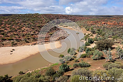 Landscape of valley and bush with Murchison Riven in Kalbarri National Park viewed from famous Nature Window Stock Photo