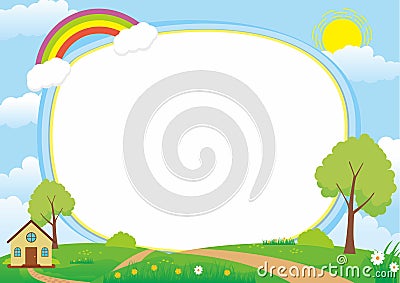 Beautiful Landscape Vector Frame Background with, Rainbow, Green Meadow, Clouds, Tree and Home Cartoon Illustration