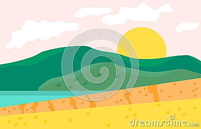 Landscape vector illustration. Hilly country. Kind on lake. Sun Cartoon Illustration