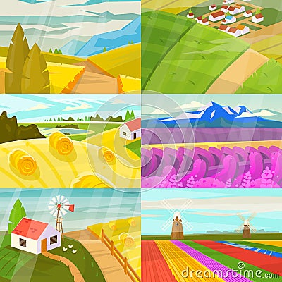 Landscape vector landscaping countryside of meadows fields and lands with natural landscaped sunny view of country set Vector Illustration