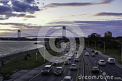 Landscape with Verrazano Bridge, sunset, New York Harbor, Belt Parkway Editorial Stock Photo