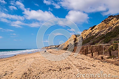 A landscape view of the beach and large cliff at Crystal Cove in Newport Coast, California Editorial Stock Photo