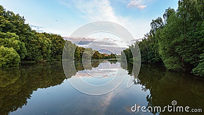 Landscape view on calm Desna river in Zarechie park in Troitsk Stock Photo
