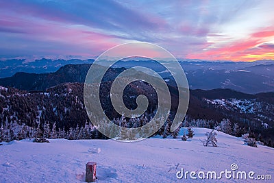 Landscape view of Fagaras Mountains during sunrise, seen from Mount Cozia Stock Photo