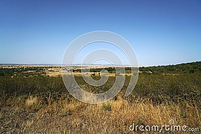 Landscape view of greenfields on a clear sky background Stock Photo