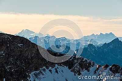Landscape view from Kaiseregg Peak over the Swiss and French Alps, Switzerland Stock Photo