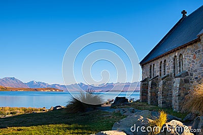 Landscape view of Lake Tekapo with Church of good shepherd Stock Photo