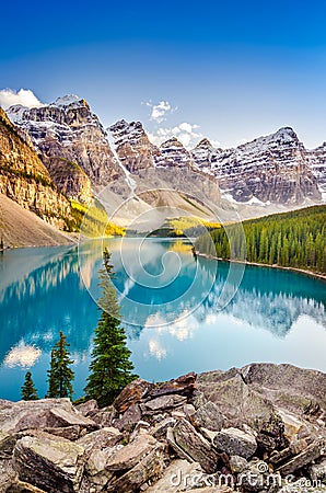 Landscape view of Moraine lake in Canadian Rocky Mountains Stock Photo