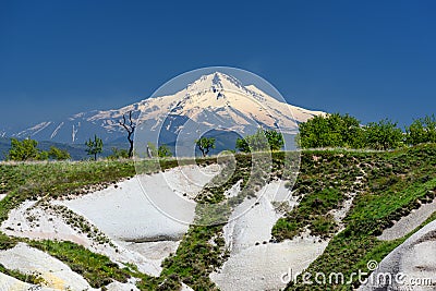 Snowy peak of mount Erciyes, as seen from Goreme to the west in Cappadocia Turkey, landscape view Stock Photo