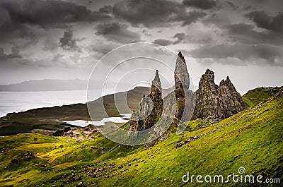 Landscape view of Old Man of Storr rock formation, Scotland Stock Photo