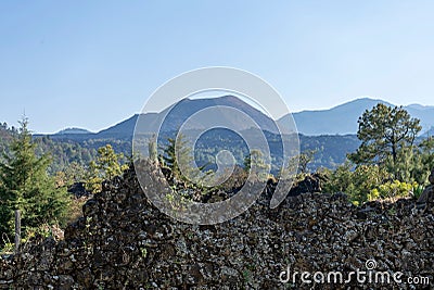 Landscape with a view of Paricutin volcano under the clear blue sky, Michoacan, Mexico Stock Photo