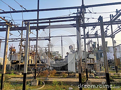 Landscape view of a power station and its transformer Stock Photo