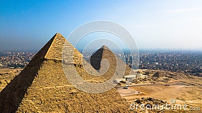 Landscape view of Pyramid of Khafre and Pyramid of Khufu, Giza pyramids landscape. historical egypt pyramids shot by drone. Stock Photo