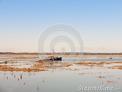Landscape view scene of estuary river water space with boat Stock Photo