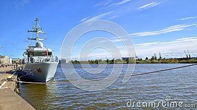 Landscape view and ships on the Odra River from Chrobry Boulevard. Editorial Stock Photo