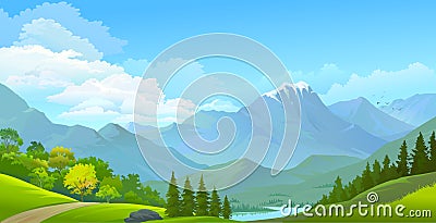 Landscape view of snow covered mountains, green meadows and a river Vector Illustration