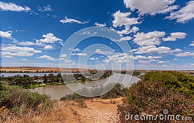 Landscape view of sweeping bend on the mighty Murray River near Young Husband in South Australia Stock Photo