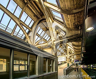 Landscape view of travelers on Platform D of Newark Penn Station in Newark, New Jersey Editorial Stock Photo