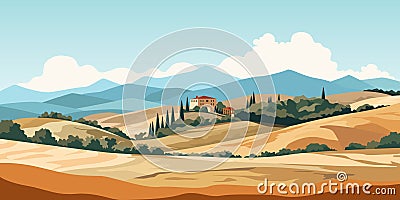 Landscape view of Tuscany hills. Italian countryside panorama with olive trees, old farmhouses and cypress. Rural Vector Illustration