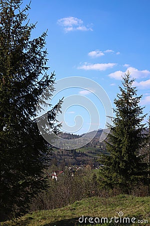 landscape view of the Ukrainian mountains with small houses, white swings and green firs and a blue sky with clouds. for postcards Stock Photo