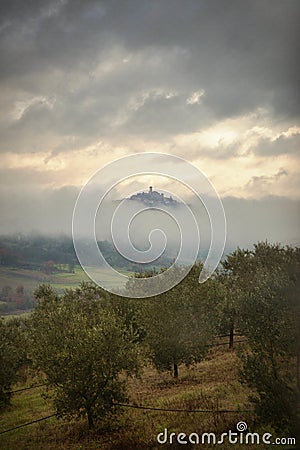 Landscape view of the Umbrian hills in Italy on a foggy day Stock Photo