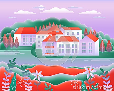 Landscape village, hills, trees, river, lake, forest. Rural valley Farm countryside with house, farm, building in flat style Vector Illustration