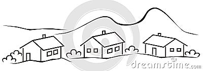 Landscape, village, three house, line art, black and white colors, eps. Vector Illustration