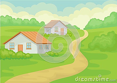 Landscape of village with two small houses, ground road, green grass and bushes. Natural scenery. Flat vector design Vector Illustration