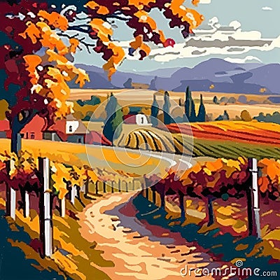 Landscape with of vineyard. Background village with fields of greenhouses and grapes in the foreground. landscape with Vector Illustration