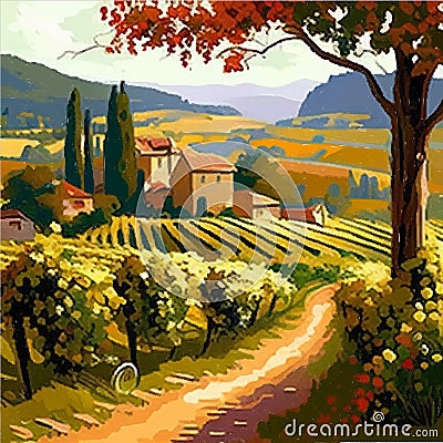 Landscape with of vineyard. Background village with fields of greenhouses and grapes in the foreground. landscape with Vector Illustration